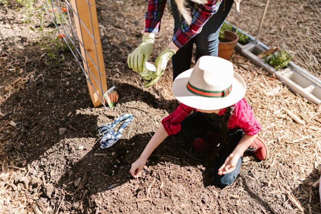 A child with there parent planting seeds in the organic garden